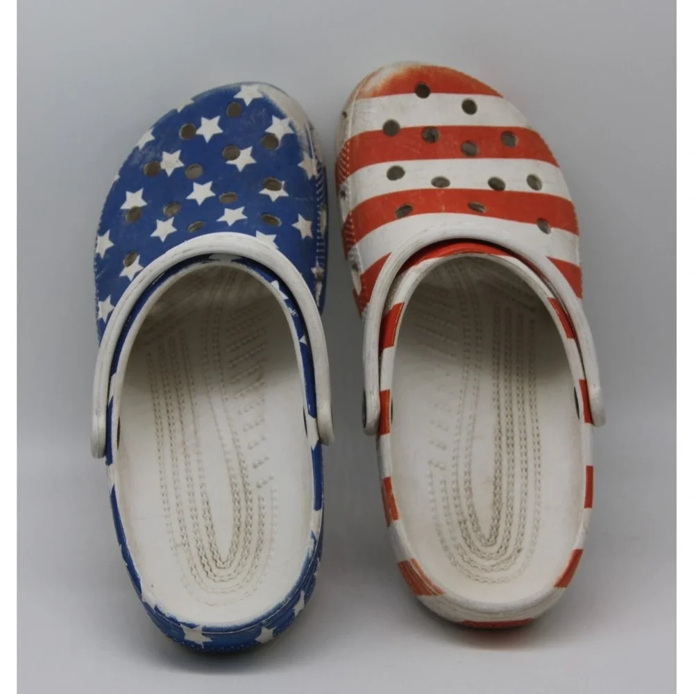 Crocs American Flag Clog Sandals Men's Sz 9 W 11 Red White Blue Distressed USA